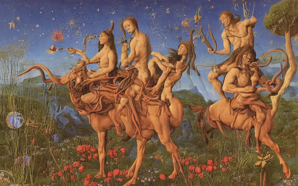 Image similar to a portrait photograph of a meditating satyr and a centaur monk riding a rocket machine and hunting at a river delta. surrounded by bulbous flowers and trees. mountain range under a blue sky of fiery stars. by jan van eyck, max ernst, ernst haeckel, ernst fuchs and artgerm, cgsociety, fashion editorial, 8 k