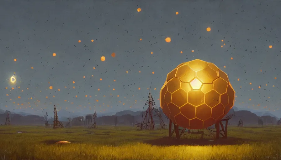 Image similar to hexagons in the sky in front of the sun, simon stalenhag