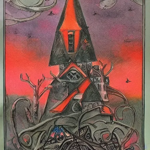 Prompt: Dark and Gloomy Witch house with red roof, black tarot awe and magic, in style of Anne Stokes