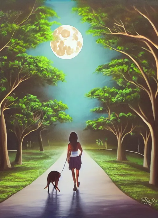 Image similar to young brown woman walking her dog in a park at night with a full moon, ceiba trees, acrylic painting, photoreal, fantasy