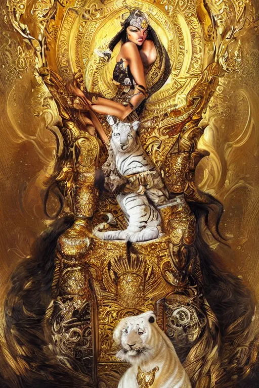 Prompt: a beautiful empress sitting on a golden throne ,white tiger guardian by her side, ultradetailed painting by Karol Bak, ornate, volumetric lighting.
