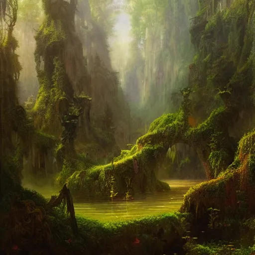Image similar to a beautiful and highly detailed matte painting of a magical garden of delights in a mystical forest in a dream like valley deep in the misty mountains of avalon, intricate details, epic scale, insanely complex, 8 k, sharp focus, hyperrealism, very realistic, by caspar friedrich, albert bierstadt, james gurney, brian froud,