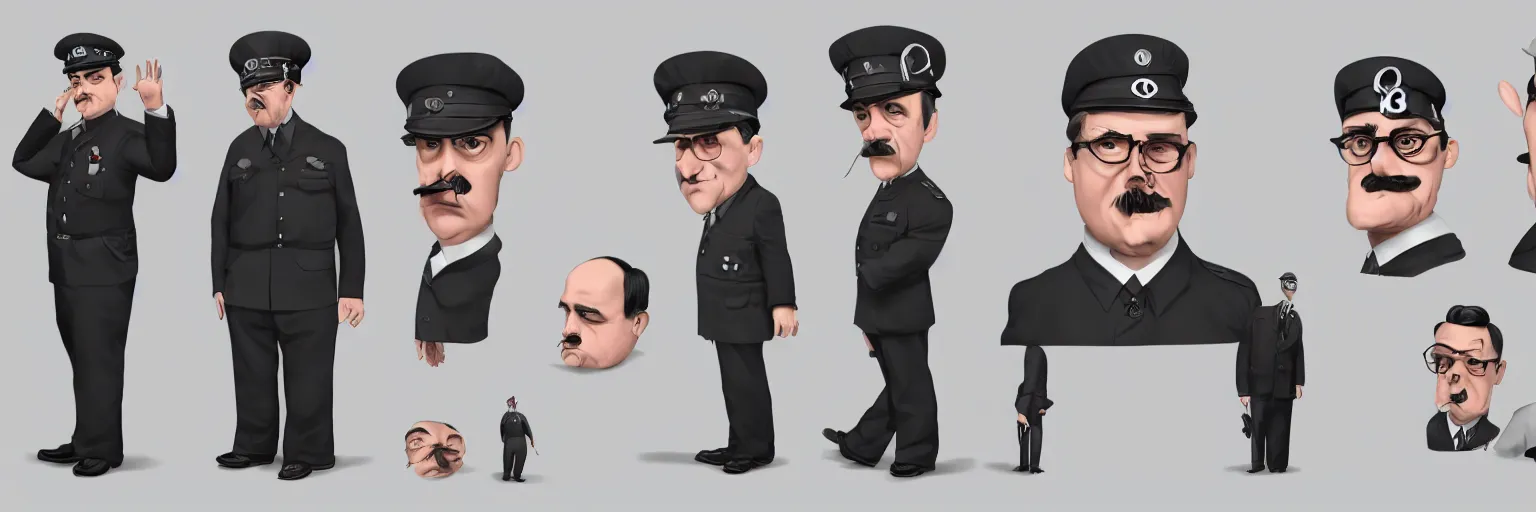 Prompt: character study of mike patton and adolf hitler dressed as a police detective, clear, evil, glasses, character sheet, fine details, concept design, contrast, kim jung gi, da vinci and pixar, trending on artstation, 8 k, full body and head, turnaround, front view, back view, ultra wide angle
