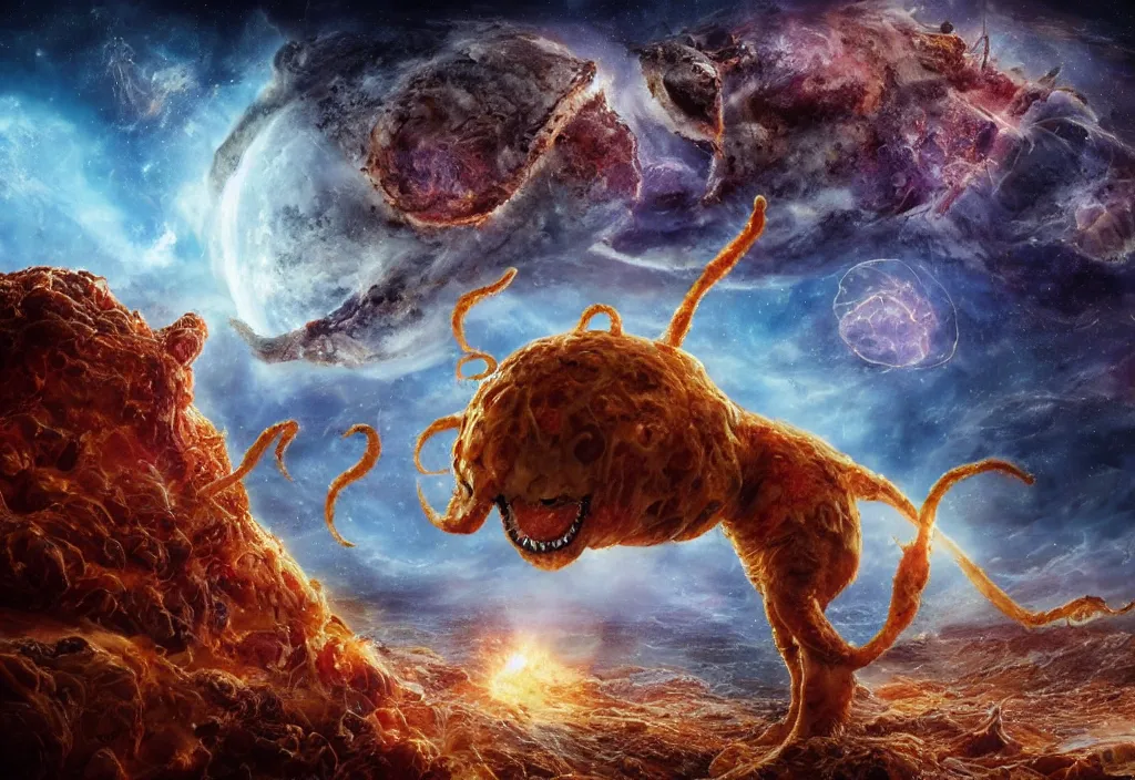 Image similar to eldritch horror bloody garfield in space, hd, 8 k, giant, epic, realistic photo, unreal engine, stars, prophecy, powerful, cinematic lighting, destroyed planet, debris, violent, sinister, ray tracing, dynamic, epic composition, dark, horrific, teeth, grotesque, monochrome drawing, hellscape, death, corpses, foreboding