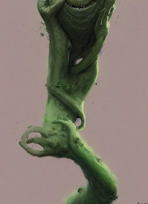 Image similar to portrait of cute innocent green noise an amorphous blob, slimy alien creature with adorable uwu eyes, it has several human arms out stretched to grab me. painted by greg rutkowski, wlop,,