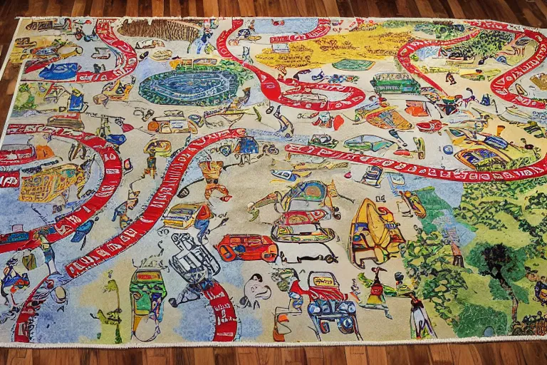 Prompt: an elaborate kids road map carpet rug, detailed, made of alcohol ink on parchment and penned illustrations, by wes anderson and geoff darrow!!!!!