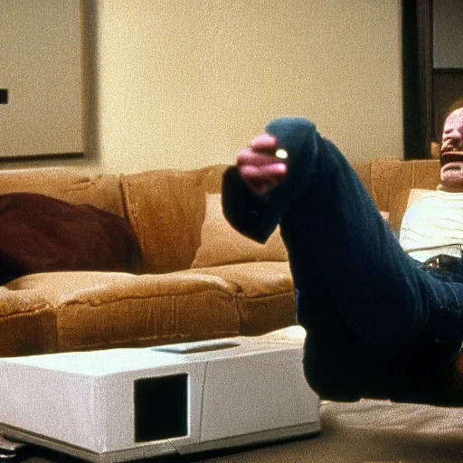 Image similar to bryan cranston as killer bob frightening, creepy, scary climbing over couch in twin peaks, scene from episode, 8 k, 1 9 9 0