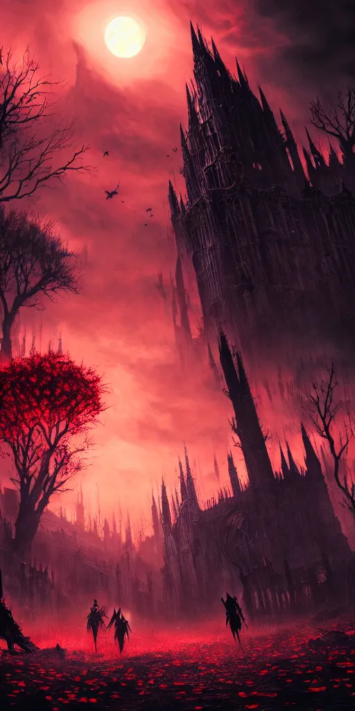 Image similar to populated bloodborne old valley with a dark person at the centre and a ruined gothic city in the background, trees and stars in the background, falling red petals, epic red - orange moonlight, perfect lightning, wallpaper illustration by niko delort and kentaro miura, 4 k, ultra realistic, upscaled