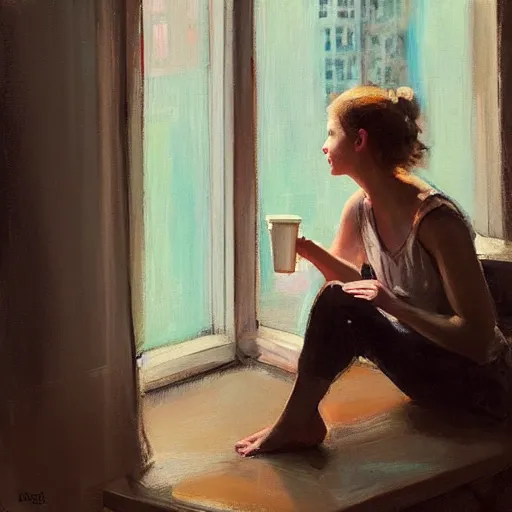 Image similar to “ a girl holding a cup of coffee looking out a window overlooking the east village in new york city, morning light, by daniel gerhartz ”