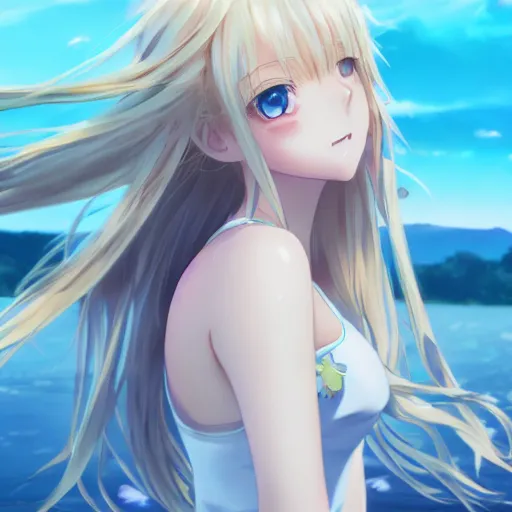 Prompt: a very beautiful anime cute girl, full body, long wavy blond hair, sky blue eyes, full round face, short smile, fancy top, miniskirt, front view, summer lake setting, cinematic lightning, medium shot, mid-shot, highly detailed, trending on Artstation, Unreal Engine 4k, cinematic wallpaper by Stanley Artgerm Lau