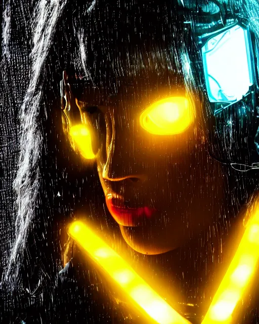 Image similar to portrait photo of female dancer as a cyberpunk mecha humanoid robotic head shoulder parts with straight bright led lights, under heavy rain, wet skin with water dripping down face, ultra - realistic and detailed, 8 k