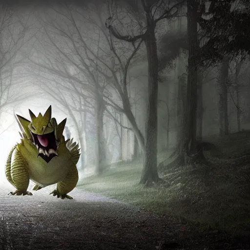 Image similar to real life Pokemon, creepy!!!, scaly!!!, menacing!!!, evil, ultra realistic, morning, fog, volumetric lighting, sharp focus