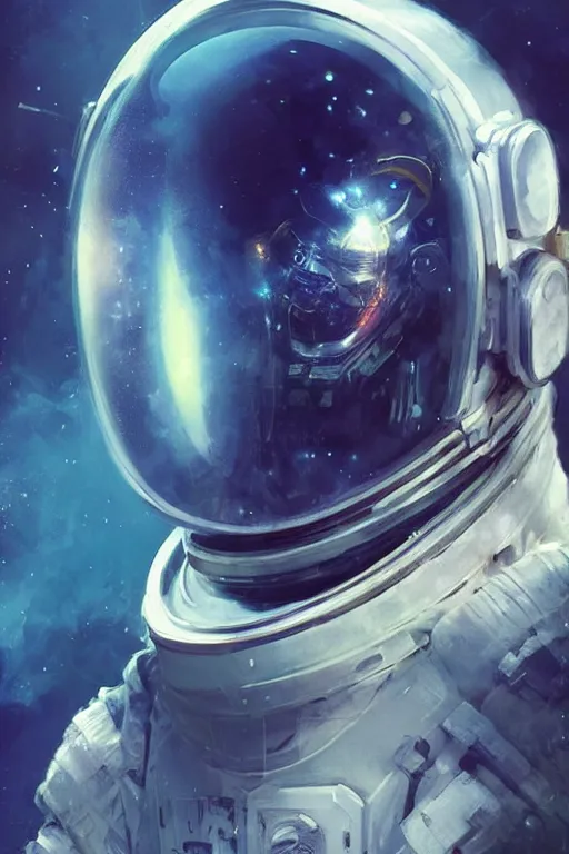 Prompt: portrait of an astronaut in 3 / 4 view wearing a very futuristic helmet with cybernetics and wirings, vaporwave aesthetic, dreamcore by craig mullins, ruan jia, kentaro miura, greg rutkowski