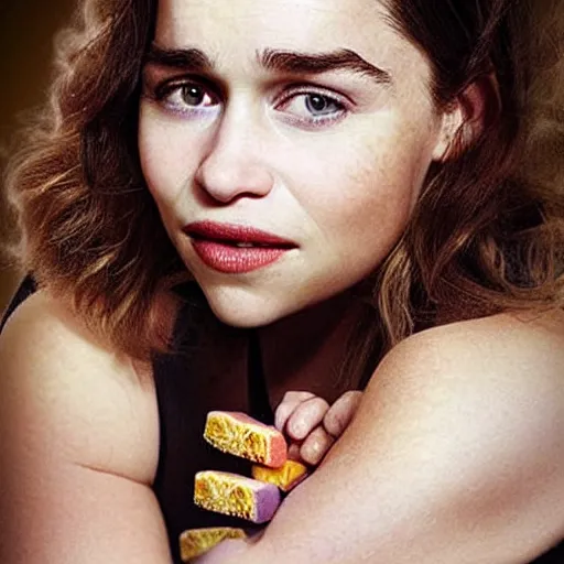 Image similar to emilia clarke mixed with a candy bar, clark bar, candy packaging, disturbing, coherent.,