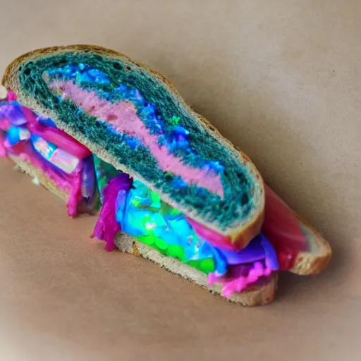 Prompt: an extremely high quality photo of a surreal rainbow-opal-topaz-sandwich, the polymer clay ((sandwich)) creation, a hybrid mixture of sandwichopalrainbow and opalrainbowtopaz, promotional photo, 4k polymer clay food photography