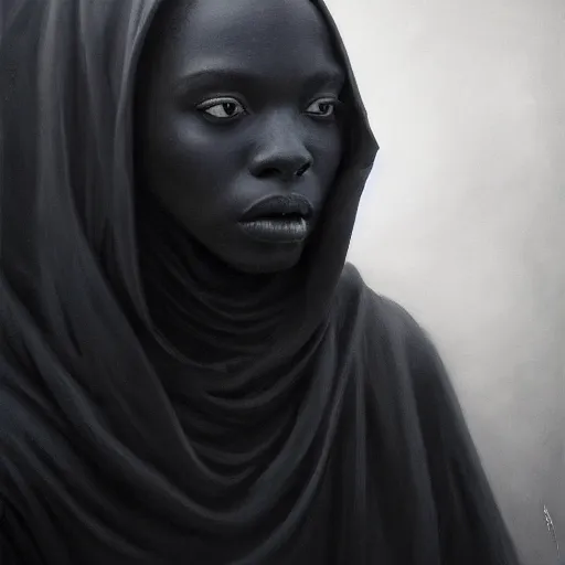 Image similar to a portrait of a young black woman wearing a long dark cloak, hood and shadows covering face, anatomically correct, beautiful perfect face, enigmatic, oil painting, matte painting, black background, Volumetric dynamic lighting, Highly Detailed, Cinematic Lighting, Unreal Engine, 8k, HD, by Beksinski