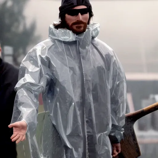 Image similar to christian bale in a clear rain coat holding an axe hd