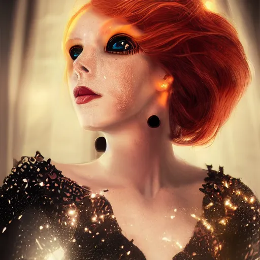 Image similar to redhead girl in black dress in beautiful castle, black pearls and golden gems, glowing eyes, light freckles, portrait, biomech, conceptart, medium shot, unreal, octane, symmetrical, photorealism