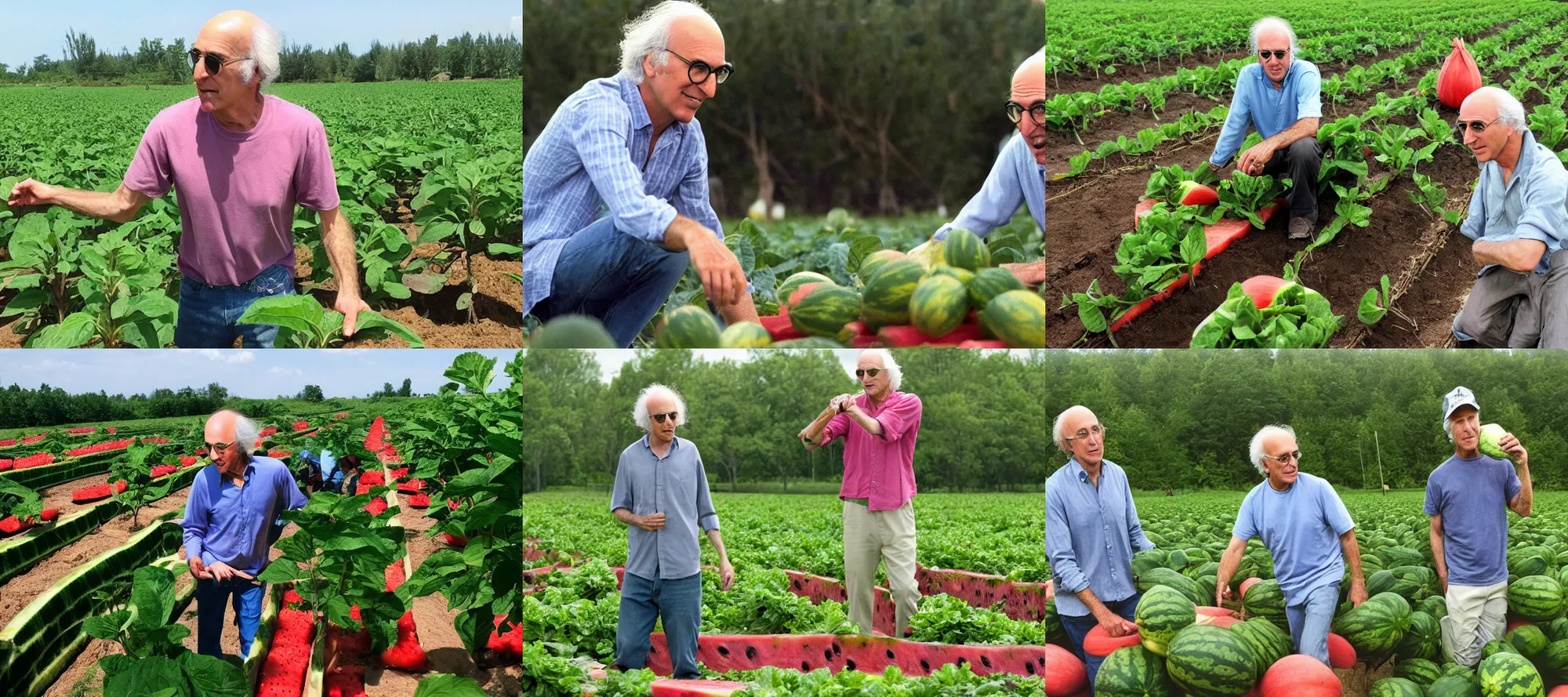 Prompt: Larry David farming his watermelon farm