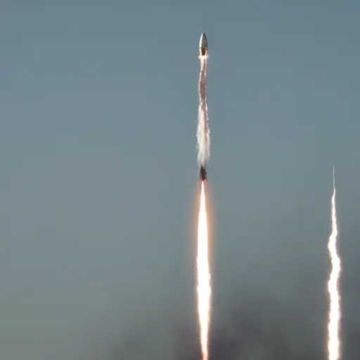 Image similar to rocket breaking through the sky with triangular shaped smoke trail leading behind it