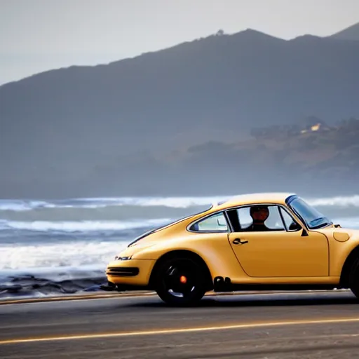 Image similar to an action photograph of a singer porsche driving along the pacific coast highway, ocean in the background, 8 k,