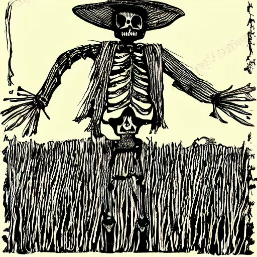 Image similar to skeleton scarecrow in a field, printmaking