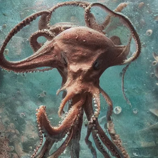 Image similar to an octopus made out of decaying human skeleton, beautiful underwater nature photograph with dynamic lighting and murky water