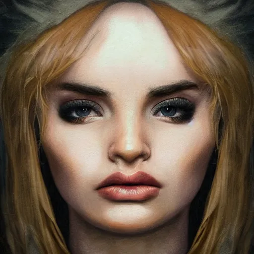 Image similar to a face portrait of kim petras, fantasy setting, stone face, dim colors, soft lighting, atmospheric, cinematic, moody, in the style of diego koi, gina heyer, luiz escanuela, art by alyssa monk, hyperrealism, rule of thirds, golden ratio, oil on canvas