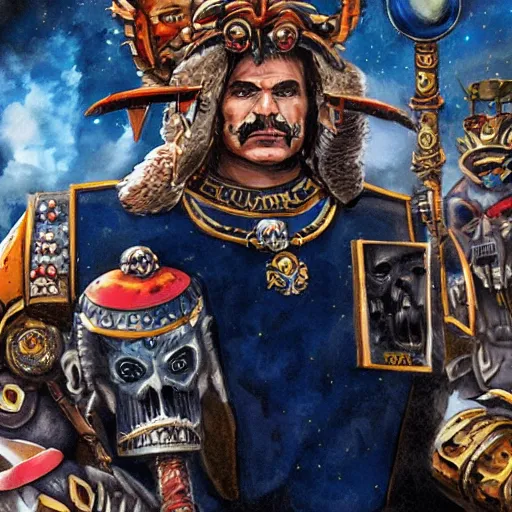 Prompt: Paul f. Tompkins as the Warhammer 40k emperor of mankind