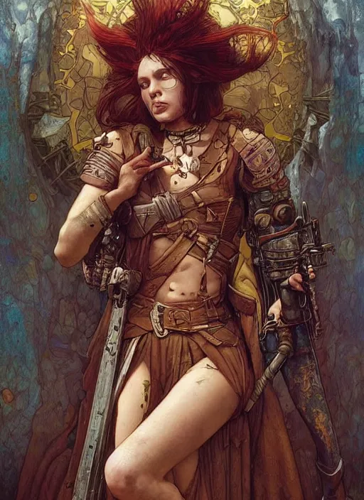 Image similar to hyper realistic photography portrait of postapocalyptic medieval religious occult amazon cinematic, brom, moebius, juan gimenez, peter mohrbacher, mucha, leonardo da vinci