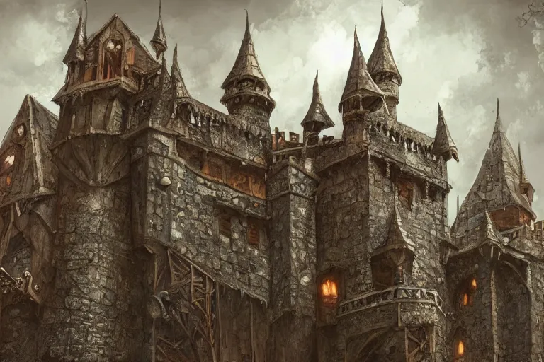 Image similar to A medieval keep, metal, iron, texture, intricate, details, highly detailed, masterpiece, architecture, building, trending on artstation, focus, sharp focus, concept art, digital painting, fantasy, D&D, tabletop, rpg, roleplay