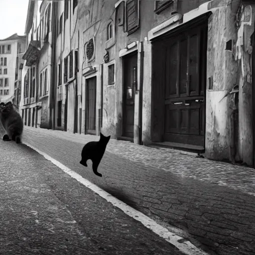 Image similar to cat walking through the streets of a city, photorealism