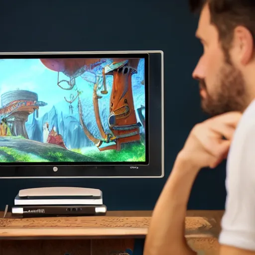 Image similar to a guy watching youtube, 8 k, photorealistic, disney concept drawing