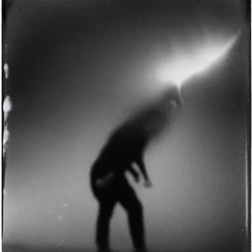 Prompt: low wide angle, old polaroid of a man being hit by a lighting strike in his head, black and white