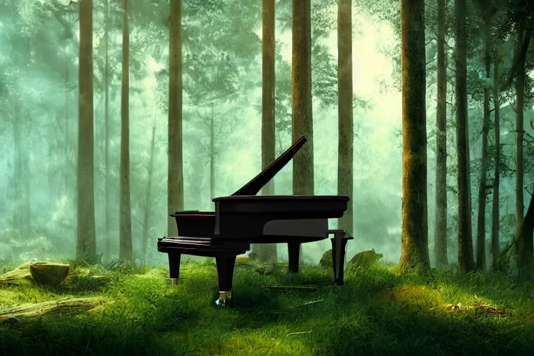 Image similar to a piano standing in the forest, beautiful dynamic lighting, cinematic, wide angle establishing shot, extremely high detail, cinematic lighting, post processed, concept art, artstation, matte painting