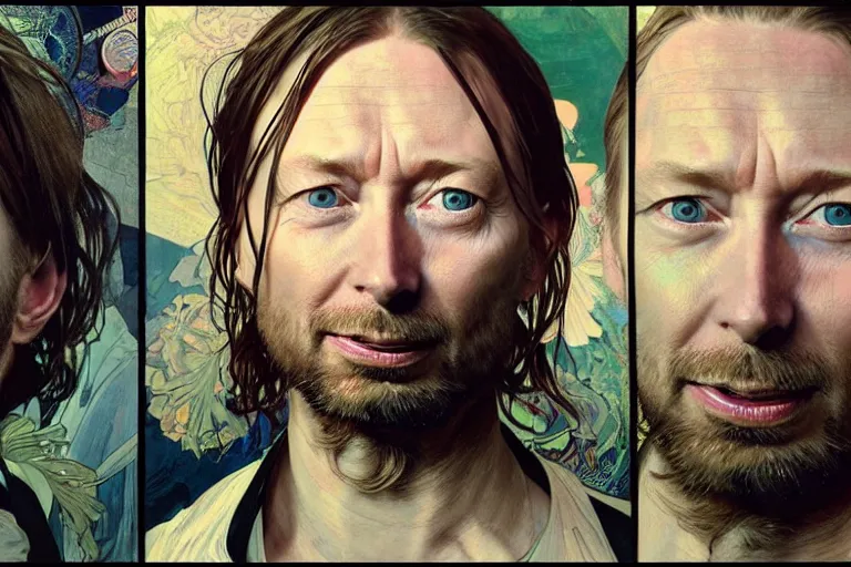 Image similar to hyper realistic portrait of wide faced thom yorke, bigger cheekbones, bigger forehead, bigger chin, smile, on a stage, by lee bermejo, alphonse mucha and greg rutkowski