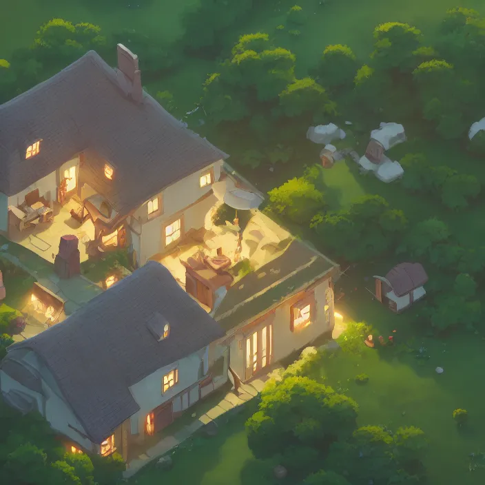 Prompt: orthographic top down view of a lovely cottage, seperated game asset, cory loftis, james gilleard, atey ghailan, makoto shinkai, goro fujita, studio ghibli, rim light, exquisite lighting, clear focus, very coherent, plain background, soft painting