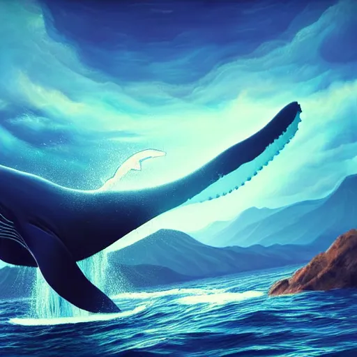 Prompt: digital painting a huge whale, that has tiny small little fairy wings, the whale is flying in the sky over a sea, the landscape consists of huge long mountains, with vibrant sky, vibrant water river, fully detailed, high quality, matte painting finish, trending on artstation, trending on deviant art, octane render, volumetric lightening, 3 d