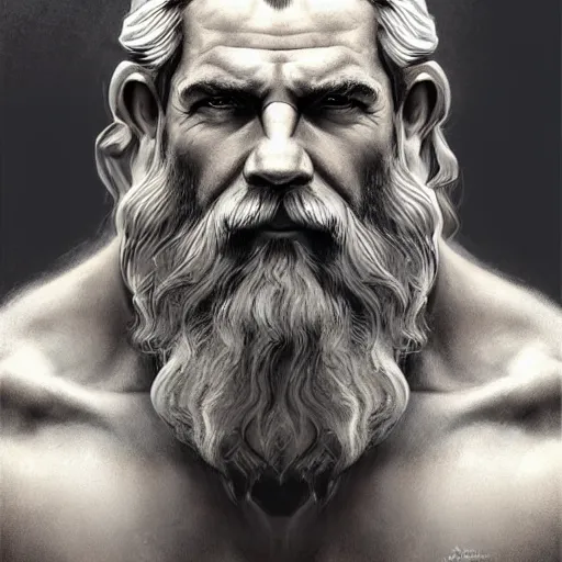 Prompt: half body portrait of rugged zeus, greek god, 4 0 years old, handsome, white hair, soft hair, upper body, muscular, hairy torso, fantasy, intricate, elegant, highly detailed, digital painting, artstation, concept art, smooth, sharp focus, illustration, art by artgerm and greg rutkowski and alphonse mucha