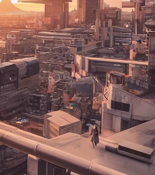 Prompt: sci - fi city rooftop view, blue sky, highly detailed, beautiful light and sunset, realistic, octane render