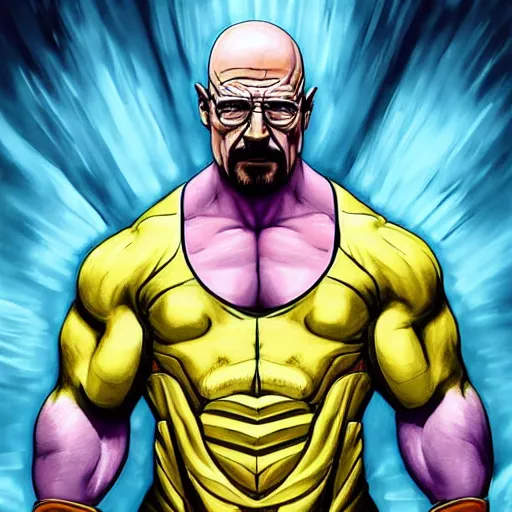 Image similar to walter white as a bodybuilder thanos with the infinity gauntlet, artstation hall of fame gallery, editors choice, #1 digital painting of all time, most beautiful image ever created, emotionally evocative, greatest art ever made, lifetime achievement magnum opus masterpiece, the most amazing breathtaking image with the deepest message ever painted, a thing of beauty beyond imagination or words, 4k, highly detailed, cinematic lighting