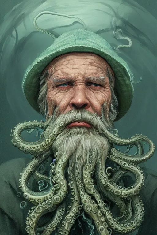 Prompt: portrait of an old fisherman with tentacles growing on him, blue and green, eldritch, d & d, face, fantasy, intricate, elegant, highly detailed, digital painting, artstation, concept art, smooth, sharp focus, illustration, art by greg rutkowski