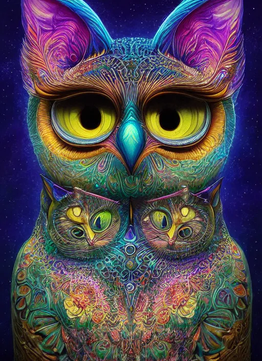 Prompt: a portrait of a psychedelic cat owl figure by naoto hattori, android jones and chris dyer, deep bold colors, galactic entity, depth of field, intricate beautiful painting, billions of details, octane render, portal, 8 k, trending on artstation, cgisociety, wow!!!!!!!!!!