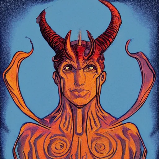 Prompt: art of symmetrical tiefling, in the style of moebius and studio ghibli and vincent van gogh