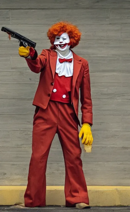 Image similar to a incredible photo of ronald mcdonald robbing a bank with a gun. award winning. very high quality. hq. hd.