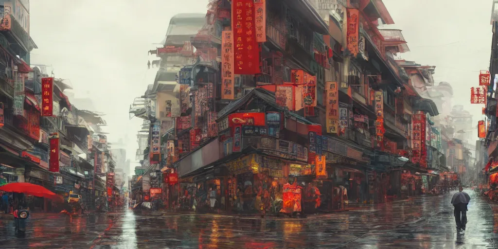 Image similar to a quiet petaling street in chinatown, kuala lumpur, pedestrians, cars, motorbikes, rainy day, matte painting, studio ghibli, artstation