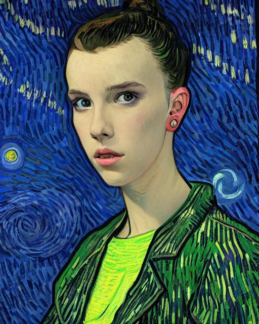 Image similar to portrait of cyberpunk millie bobby brown by vincent van gogh