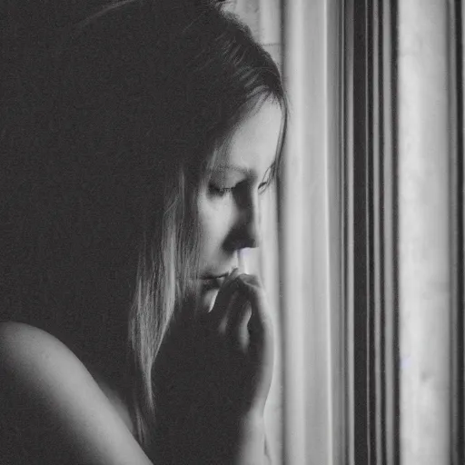 Image similar to black and white fashion photograph highly detailed portrait of a depressed beautiful 30 years old model woman standing by the window, natural light, rain, mist, lomo, fashion photography, film grain, soft vignette, sigma 85mm f/1.4 1/10 sec shutter