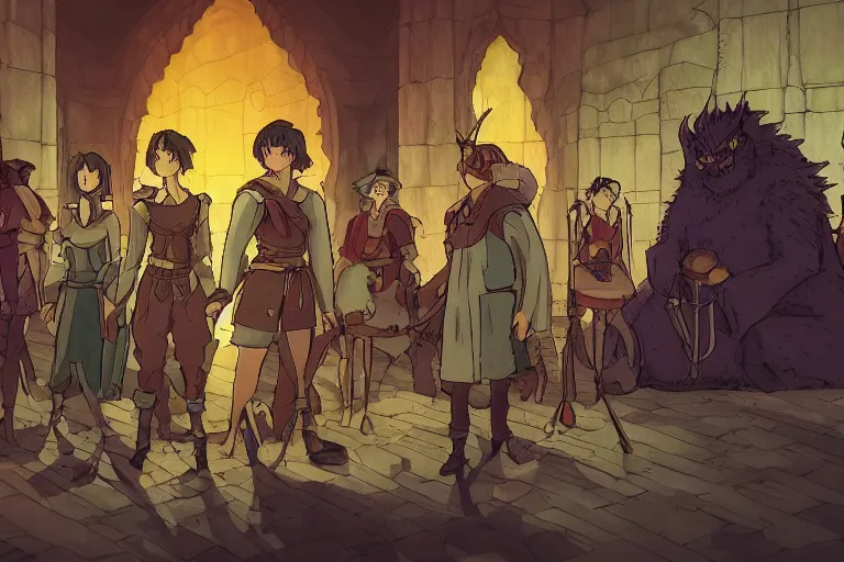 Prompt: cell shaded key visual of a group of adventurers in the throne room of the demon king, dramatic lighting, in the style of studio ghibli, moebius, makoto shinkai,