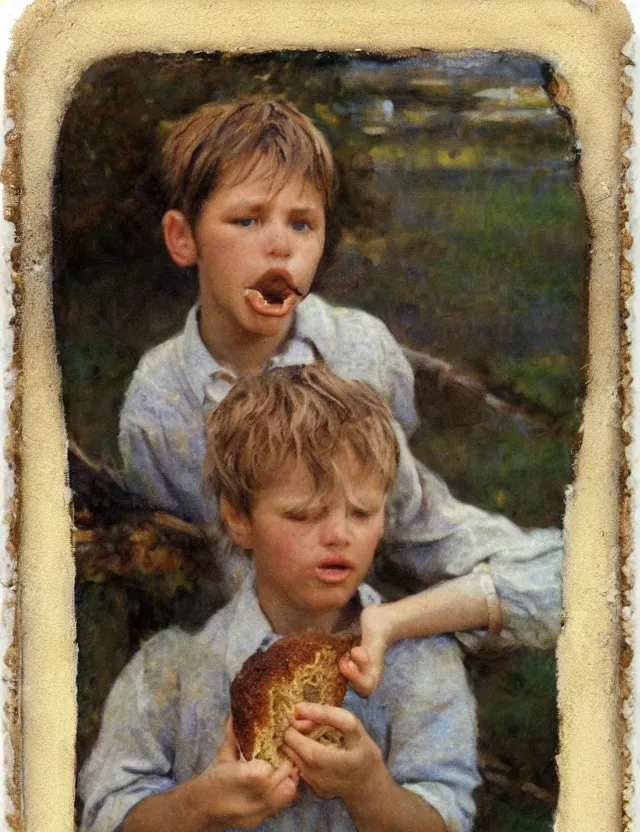 Prompt: portrait of peasant boy biting a bread, cottage core, cinematic focus, polaroid photo bleached vintage pastel colors high - key lighting, soft lights, foggy, by steve hanks, by lisa yuskavage, by serov valentin, by tarkovsky, detailed, oil on canvas